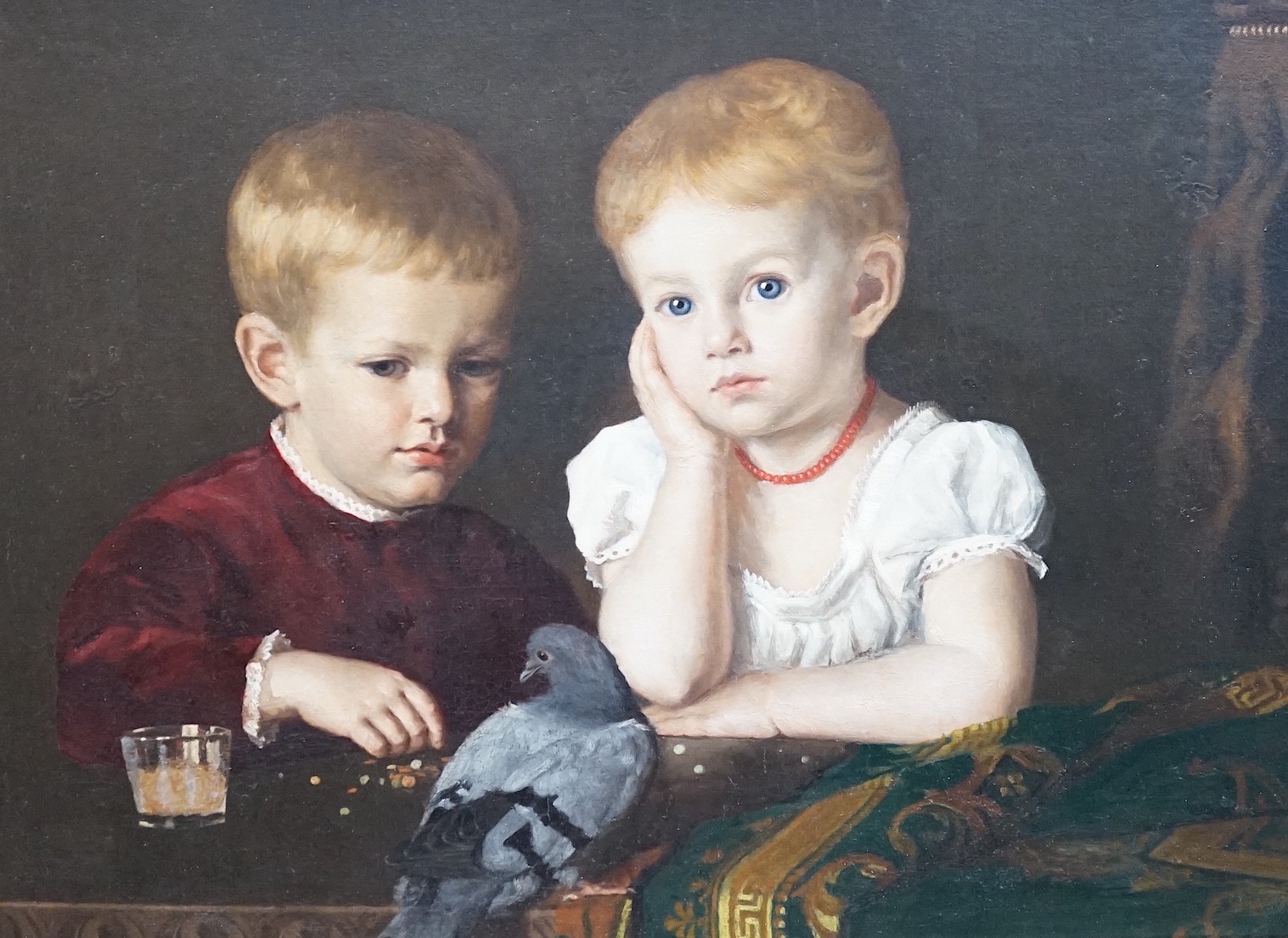 James Sant R.A. (1820-1916), oil on canvas, Portrait of two boys with a pet pigeon, 54 x 73cm